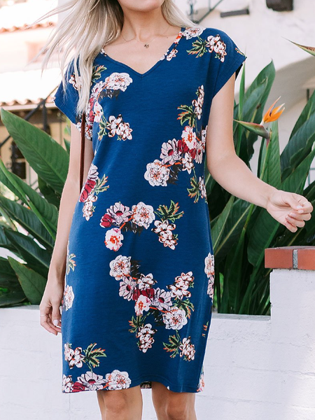 

Navy Floral V-Neck Dress V Neck Loosen Short Sleeve Knit Dress, Blue, Dresses