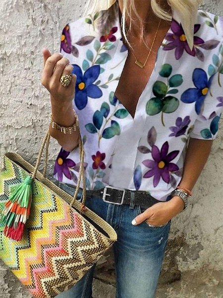 

V Neck Floral Casual Long Sleeve Blouse, White, Blouses & Shirts