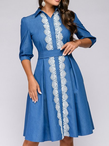 

Summer Lightweight Elegant Short Sleeve Woven Daily Dress, Blue, Midi Dresses
