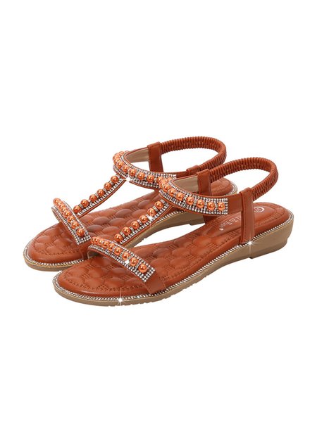 Rhinestone Beaded Casual Elastic Wedge Sandals, Coffee, Sandals