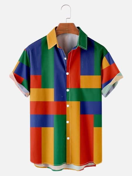 

Mens Retro Striped Print Loose Short Sleeve Hawaiian Shirts, Red, Men's Floral shirt