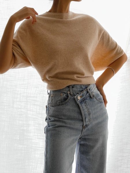 

Simple Crew Neck Solid Short Sleeve Sweater, Apricot, Tops