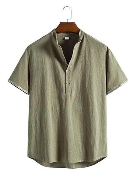 

Men's Fashion Color Linen Stand Collar Short Sleeve Shirt, Army green, Blouses&Shirts