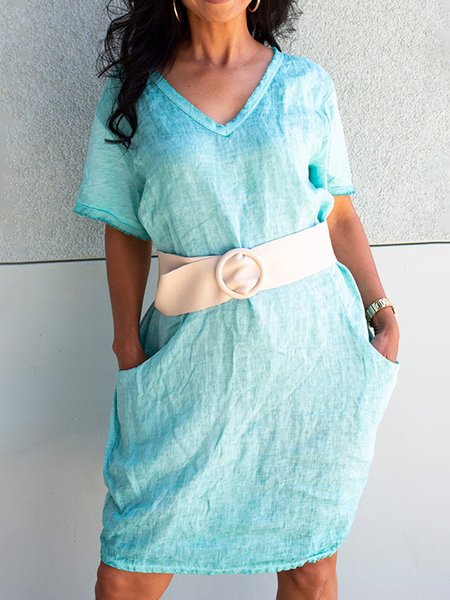

Casual Vacation V Neck Short Sleeve Cotton Blends Mini Dress, Blue, Mini Dresses