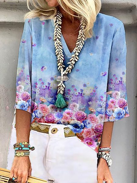 

Boho Floral V Neck Three Quarter Loosen Tops, Blue, Tops