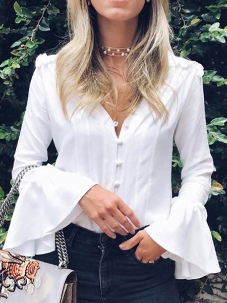 

Flare Sleeve V Neck Regular Fit Long Sleeve Top, White, Tops
