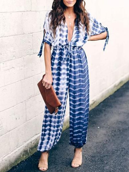 

V Neck Loosen Striped Daily Jumpsuit, Blue, Jumpsuits