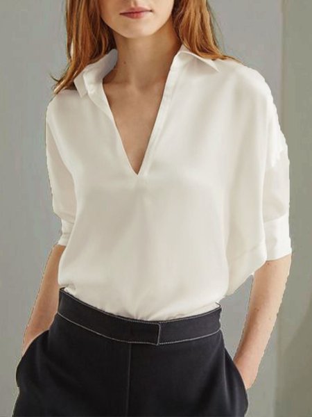 

Simple Shirt Collar Plain Short Sleeve Top, White, Tops