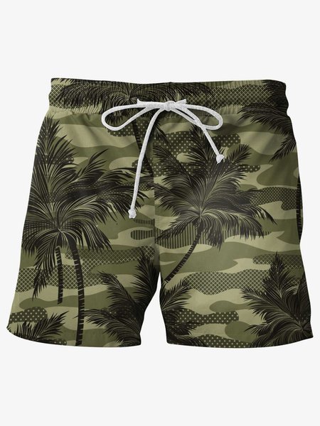 Tropical Hawaii Graphic Men's Beach Shorts, Army green, Men's shorts