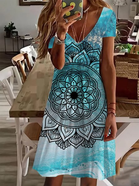 

Tribal Printing Casual Short Sleeve A-line Knee-length Dress, Blue, Casual Dresses