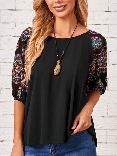 

Tribal Casual Loosen Short Sleeve Tops, Black, T-Shirts