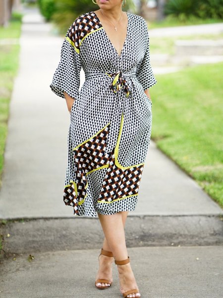 

Summer Elegant Loosen V Neck Short Sleeve Woven Dress, As picture, Midi Dresses
