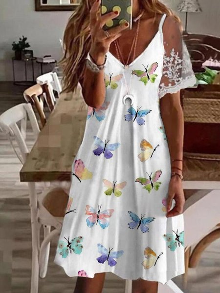 

Casual Butterfly Short Sleeve V Neck Plus Size Printed Dress, White, Mini Dresses
