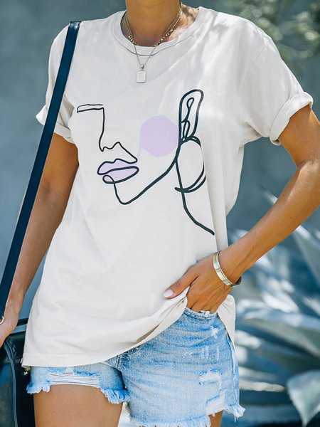 

White Abstract Figure Print Round Neck Short Sleeve T-shirt, T-Shirts