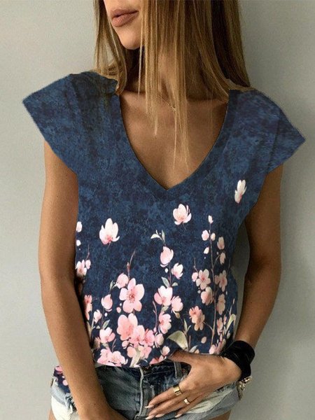 

V Neck Floral Short Sleeve T-Shirt, Purplish blue, Tank Tops & Camis