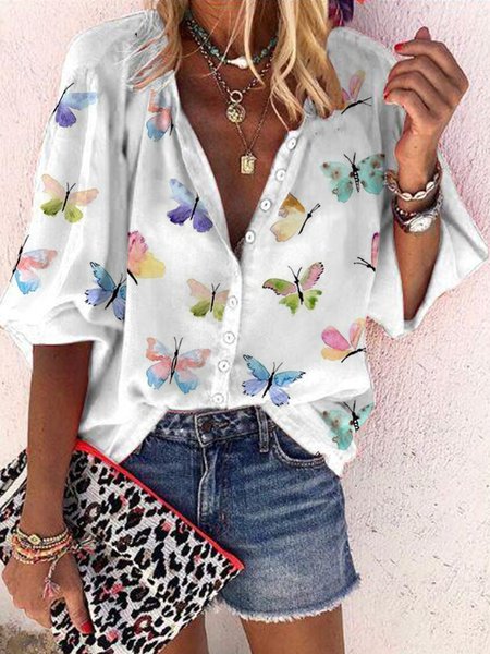 

Casual Butterfly Three Quarter Plus Size Printed Blouses, White, Blouses & Shirts