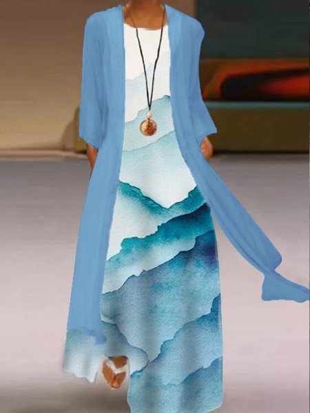 

Landscape Painting Crew Neck Regular Fit Two Piece Sets, Blue, Maxi Dresses