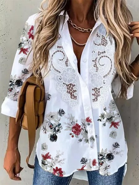 

Floral Shirt Collar Lace Long Sleeve Casual Tops, White, Blouses & Shirts