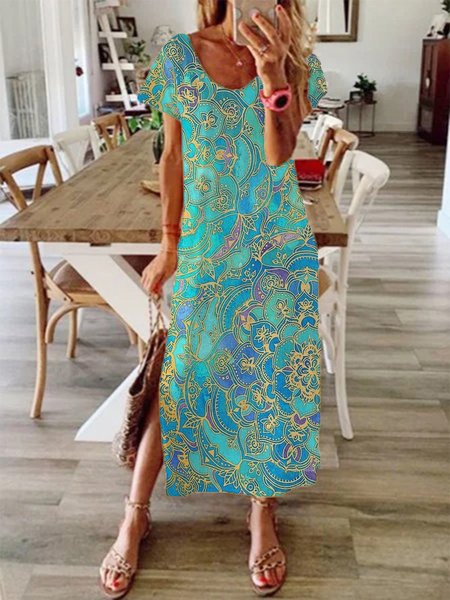 

Casual Short Sleeve Round Neck Plus Size Printed Dress, Multicolor, Maxi Dresses