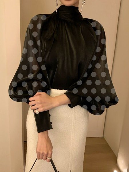 

Elegant Polka Dots Regular Fit Stand Collar Long Sleeve Top, Black, Tops