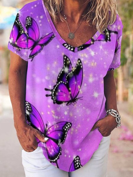 

V Neck Loosen Butterfly Short sleeve Top, Purple, T-shirts