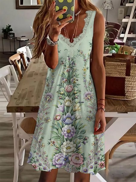 

Floral Regular Fit Sleeveless Lace Knit Dress, Green, Mini Dresses