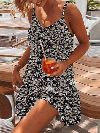 

Floral Regular Fit Casual Short Sleeve Knit Dress, Black, Mini Dresses
