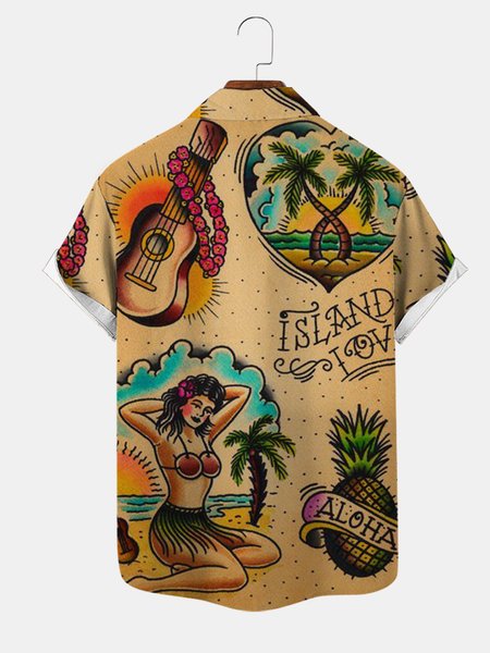 

Mens Beach Print Casual Breathable Hawaiian Short Sleeve Shirt, Khaki, Shirts ＆ Blouse