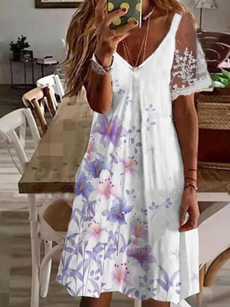 

Regular Fit Floral Short Sleeve Knit Dress, White, Mini Dresses