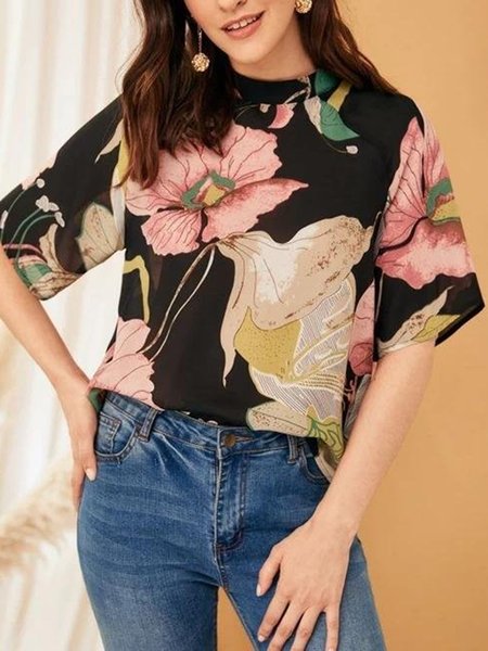 

Vacation Stand Collar Floral Short Sleeve T-Shirt, Black, Tees