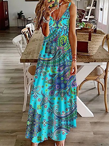 

Paisley Sleeveless V Neck Plus Size Casual Dresses, Multicolor, Maxi Dresses