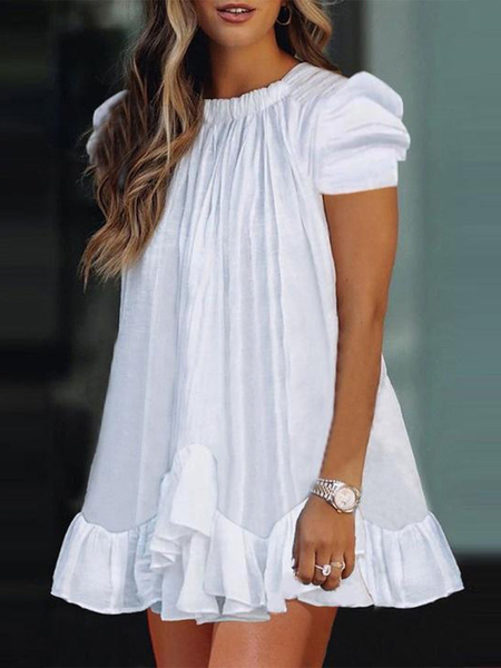 

Plain Round Neck Puff Sleeve Basics Short Sleeve women Dress, White, Dresses