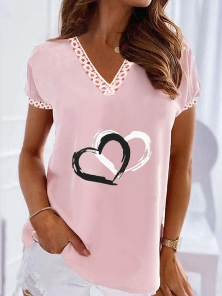 

Casual Loosen V Neck Heart Short Sleeve Tops, Pink, Tops