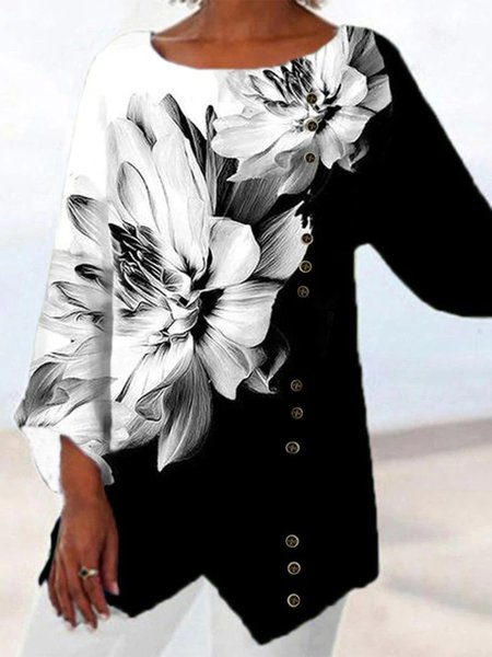 

Casual Floral Crew Neck Loosen Long Sleeve Tops, Black, Tops