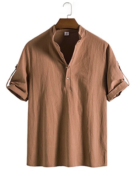 

Men's Fashion Casual Solid Color Cotton Linen Mid Sleeve Shirt, Brown, Shirts ＆ Blouse