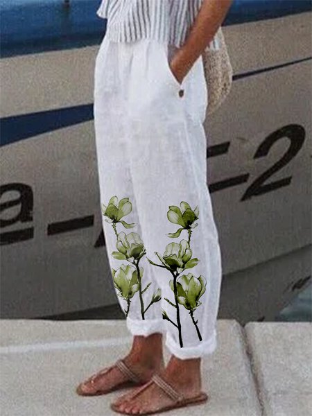 

Cotton Blends Casual Drawstring Waist Print Pants, White, Pants
