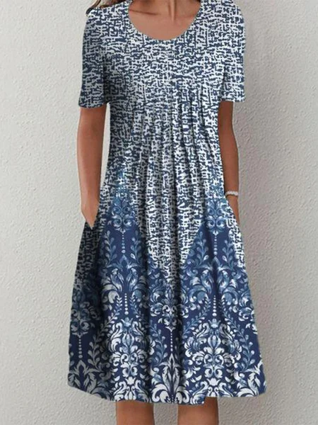 

Vacation Round Neck Tribal Short Sleeve Floral Dress, Blue, Midi Dresses