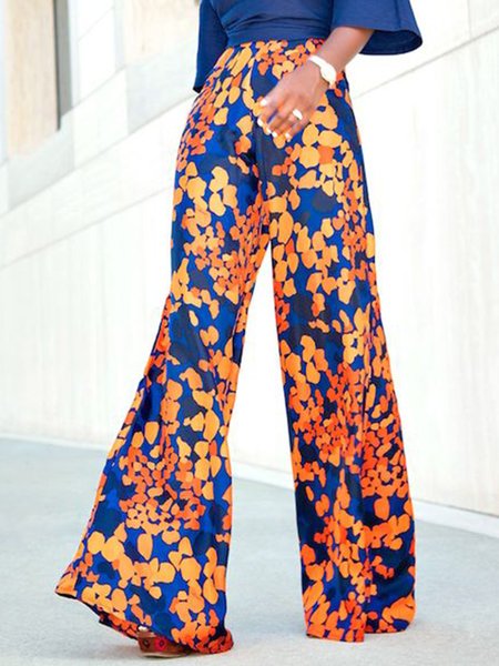 

Long Floral Vacation Regular Fit Pants, Deep blue, Wide Leg Pants