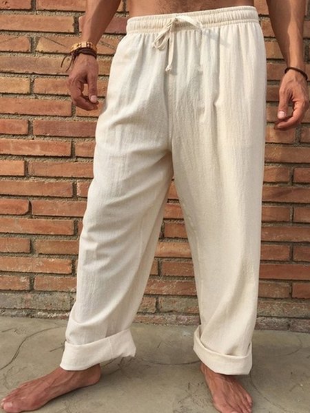 

Men's Vintage Cotton Linen Elastic Waist Casual Trousers, Off white, Pants