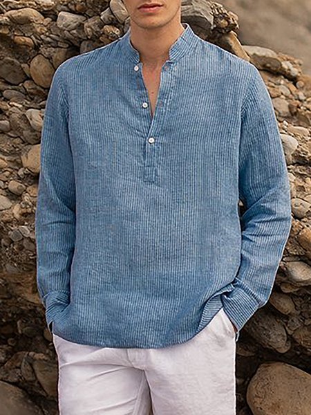 

Men's Half Placket Stand Collar Long Sleeve Shirt, Blue, Shirts ＆ Blouse