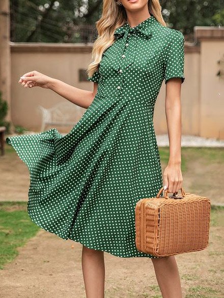 

Cotton Short Sleeve Woven Dress, Green, Casual Dresses