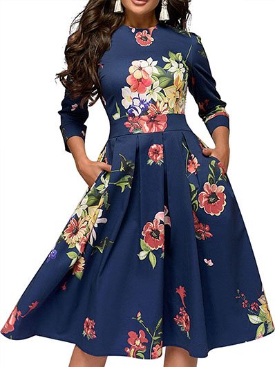 

Floral Short Sleeve Knit Dress, Blue, Midi Dresses