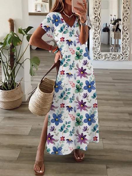 

Beach Holiday multicolor flower print loose a-hem dress long Plus Size, Dresses