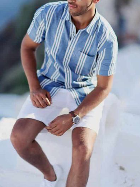 

Cotton Linen Style American Casual Striped Versatile Linen Shirt, As picture, Men's Floral shirt