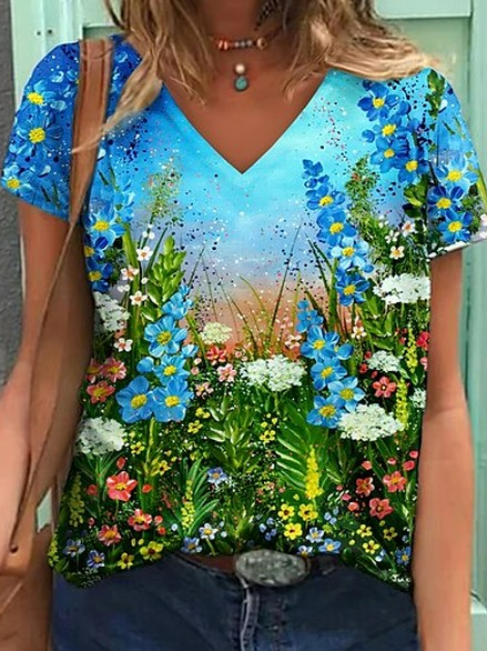 

Floral Cotton Blends V Neck Short Sleeve T-Shirt, Multicolor, T-Shirts
