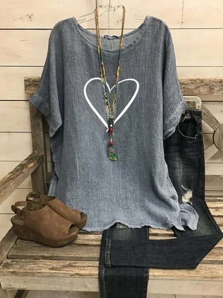 

Cotton Blends Casual Crew Neck Short Sleeve Tops, Gray, Tops