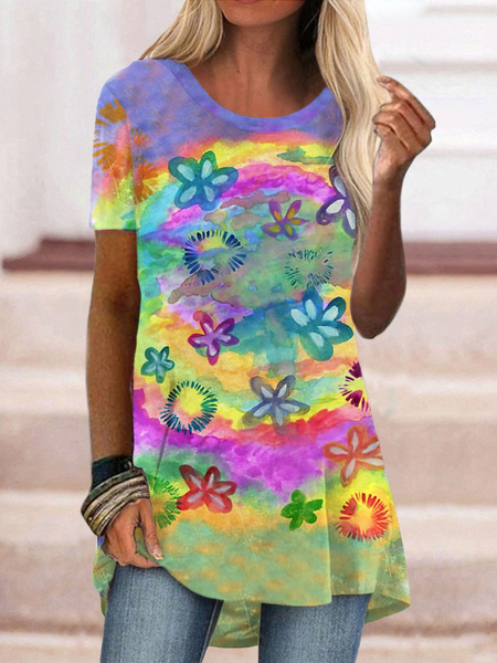 

Crew Neck Casual Graffiti Short Sleeve Tops, Multicolor, T-Shirts