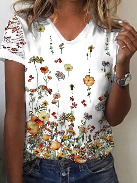 

Romantic Floral Casual Loosen V Neck Short Sleeve T-Shirt, Flower, T-Shirts