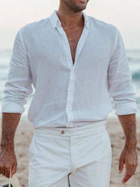 

Men's Cotton Linen Style Long Sleeve Shirt, White, Shirts ＆ Blouse