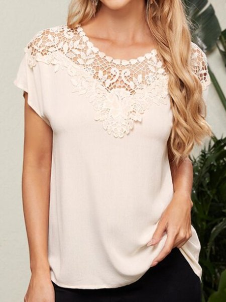 

Crew Neck Vacation Short Sleeve Tops, White, Tops